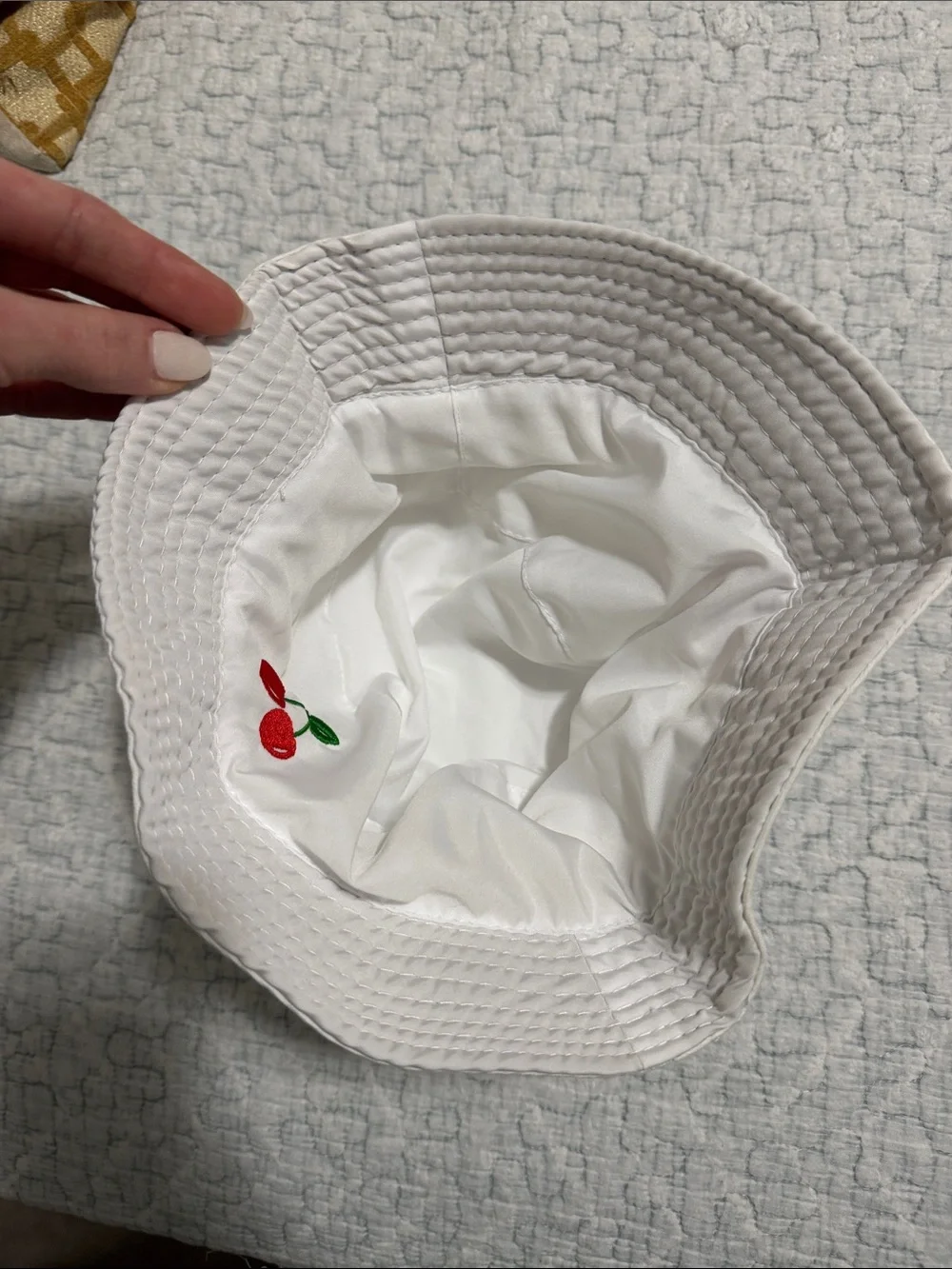 White Kids Cherry Embroidered Bucket Hat